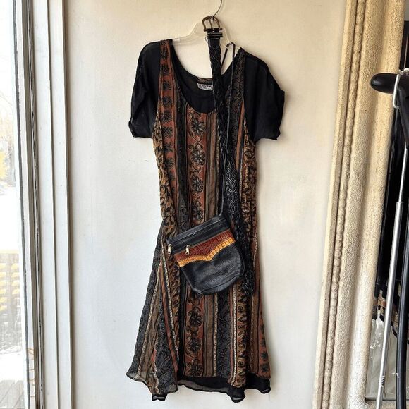 Vintage 90s Kloz Lyne India Boho Dress Black Sheer Sleeves Festival Grunge L - Picture 4 of 11